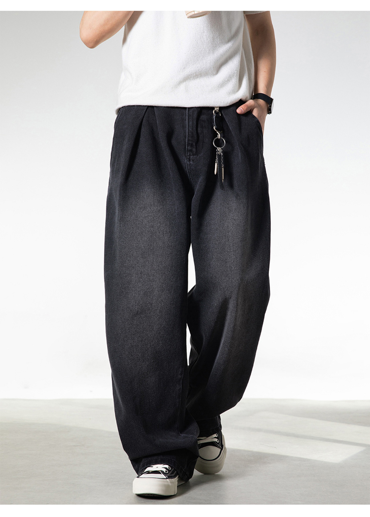 Retro Washed Oversized Jeans for Men Straight Leg Loose Fit Casual Trousers Split Pleats mid Waist Cotton Spring Style_voghion.com