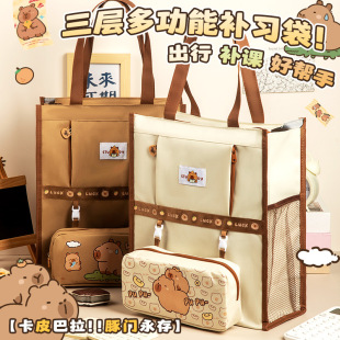 Kapibala handbag carrying book bag primary school students make-up lesson bag canvas art homework examination paper storage zipper bag