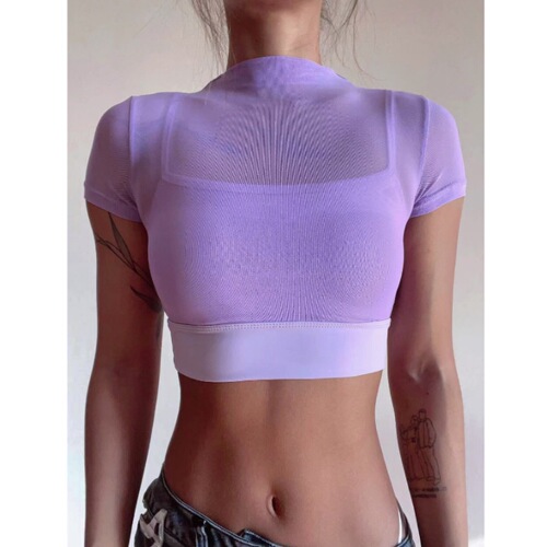Amazon Mesh Nude Yoga Top Women's Fake Two-Piece Skin-Friendly Mesh Splicing Sports Short-Sleeved Fitness Wear