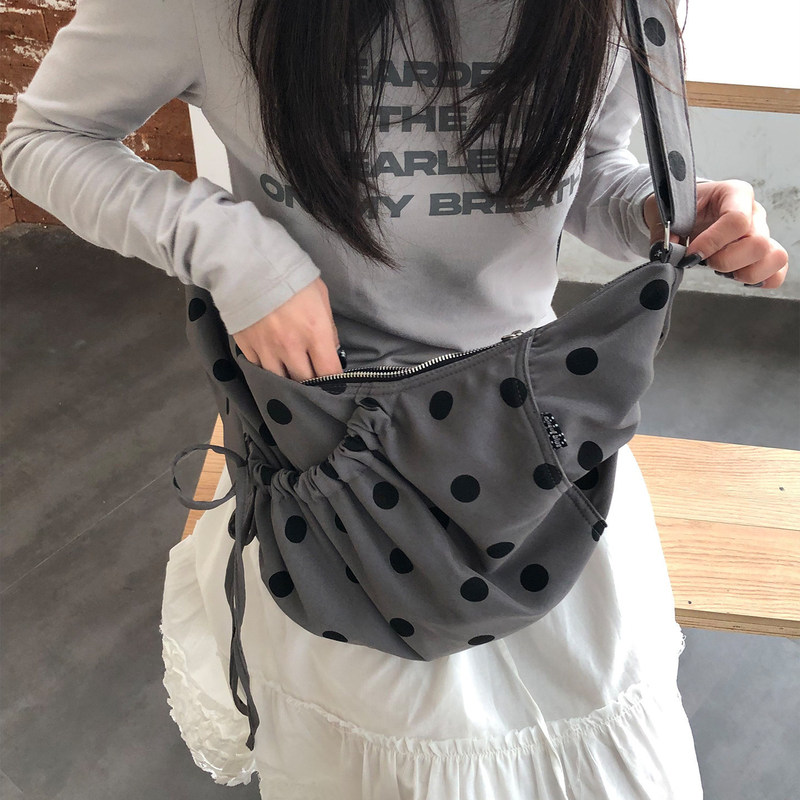 Korean-Style Polka Dot Gentle Crossbody Dumpling Canvas Bag for Women, Drawstring Pleated Large Capacity Corduroy Commuter Shoulder Bag Korean-Style Polka Dot Gentle Crossbody Dumpling Canvas Bag for Women, Drawstring Pleated Large Capacity Corduroy Commuter Shoulder Bag