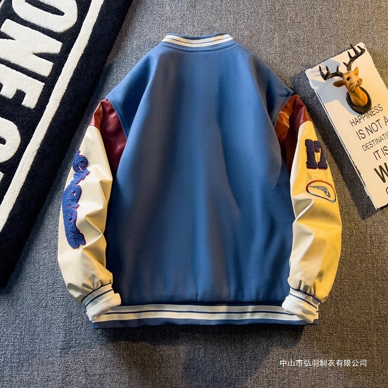 跨境美式重磅高街棒球服刺绣潮牌痞帅PU皮拼接夹克春秋飞行员上衣