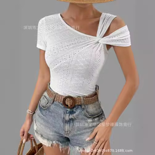 Cross-border Europe and the United States sexy eyelet kink front asymmetric collar T-shirt, casual cold shoulder short sleeve T-shirt, women's clothing