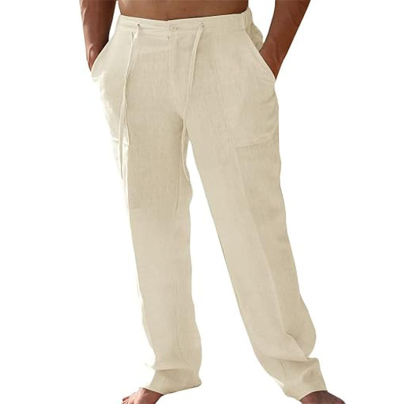 Men's Casual Linen Patch Pocket Loose Drawstring Straight-Leg Summer Beach Yoga Trousers