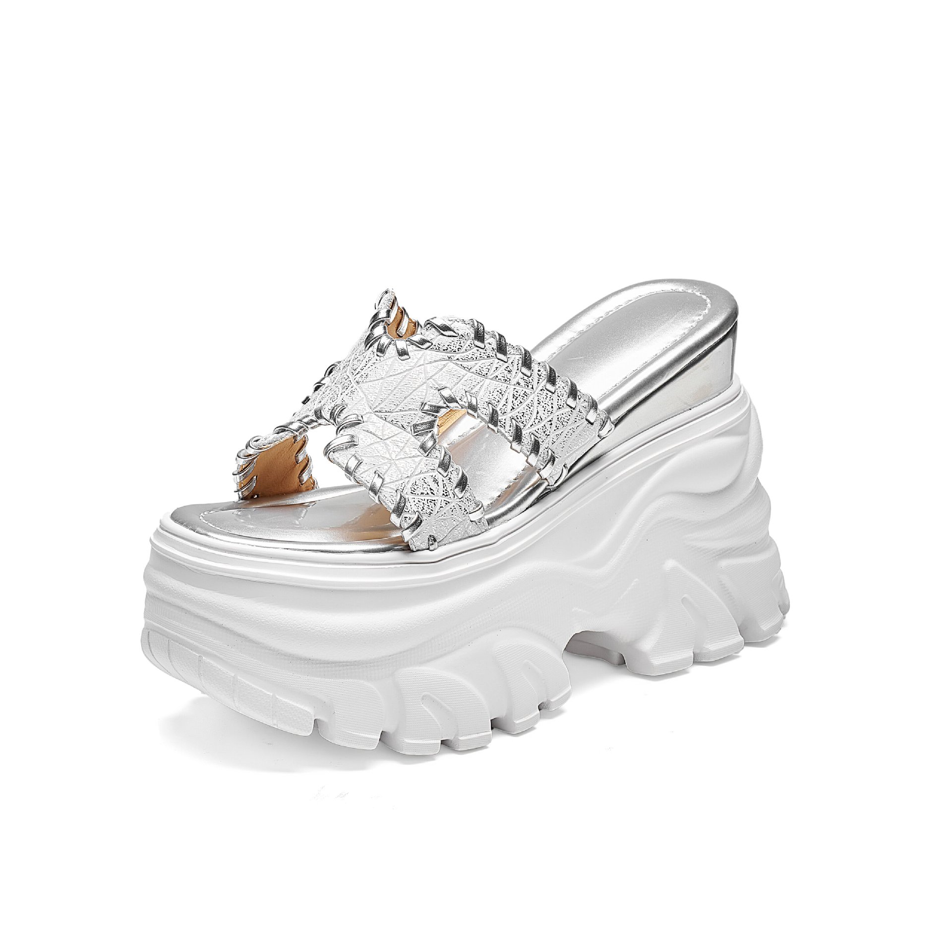 Dép sandal nữ đế dày 12 cm quai chữ H bện da — Trắng bạc
