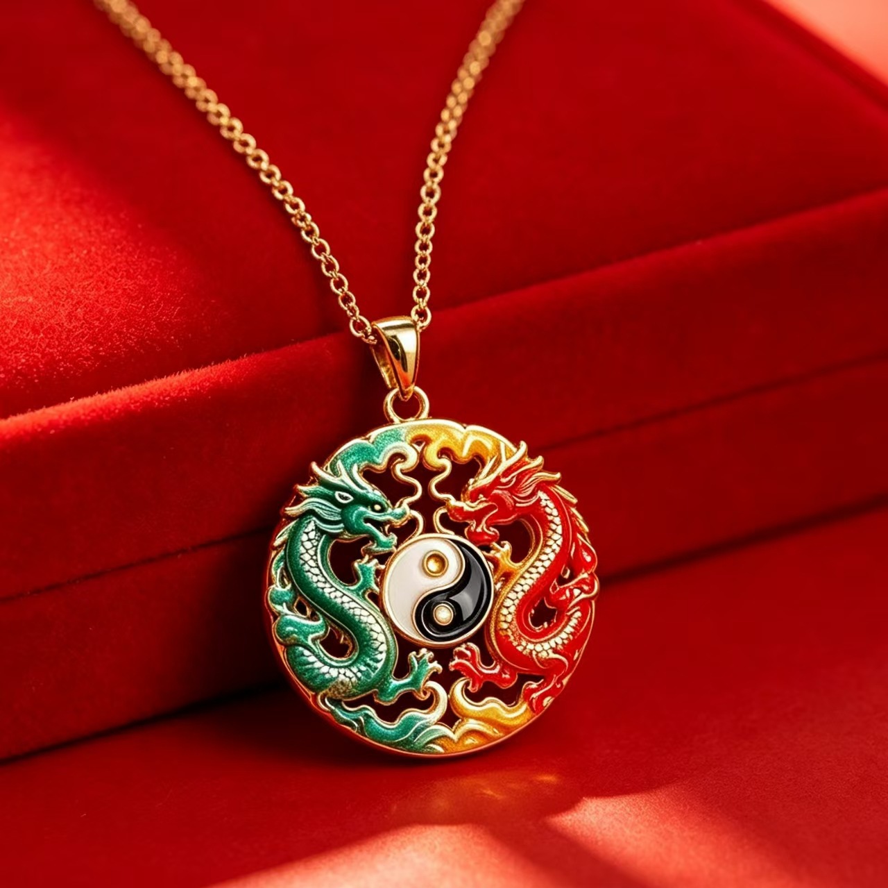 Carefully selected exquisite hand-carved jewelry in the Chinese modern enamel style, featuring an original double-dragon Tai Chi design necklace pendant