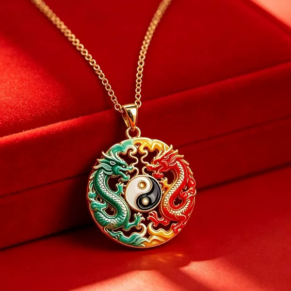 Carefully selected exquisite hand-carved jewelry in the Chinese modern enamel style, featuring an original double-dragon Tai Chi design necklace pendant