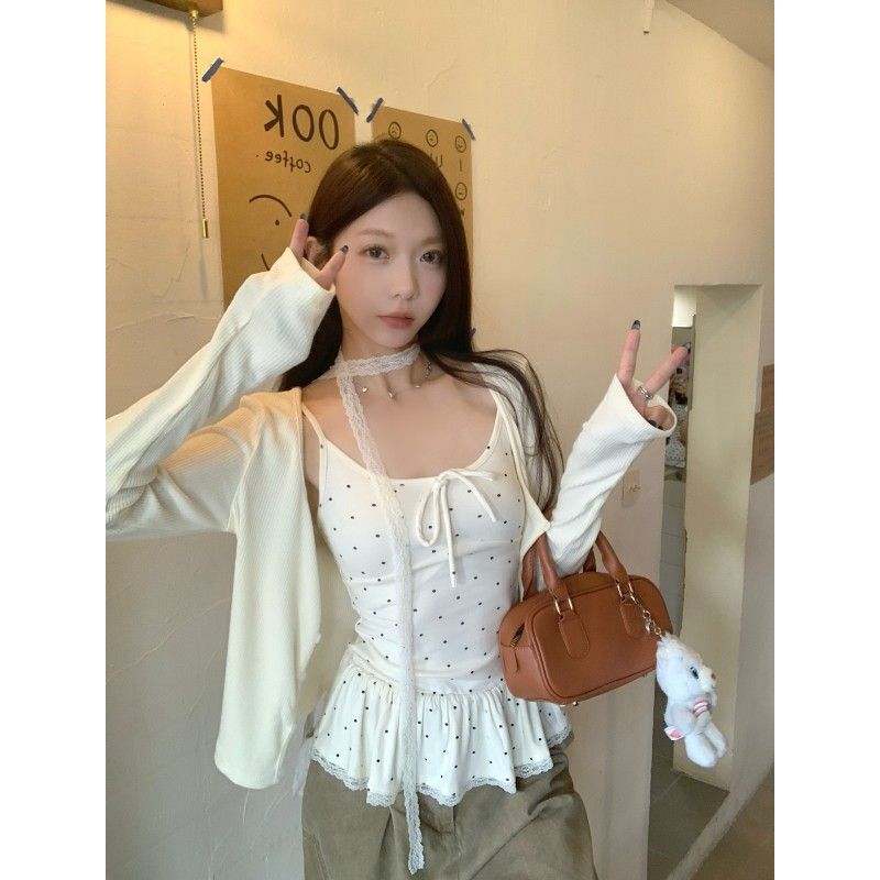 Korean Sweet Style Thin Long-Sleeved Cardigan Jacket Women's Early Autum Inner Polka Dot Lace Suspender Two-Piece Set
