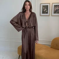 Summer long‑sleeve pajama set, trousers and top, European style, soft stretch (95% polyester)