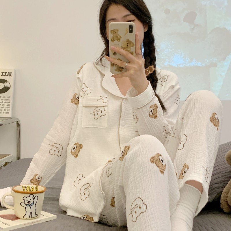 Cotton gauze monthly clothing summer thin postpartum lactation April 5 pregnant women pajamas women parturient cotton two-piece set