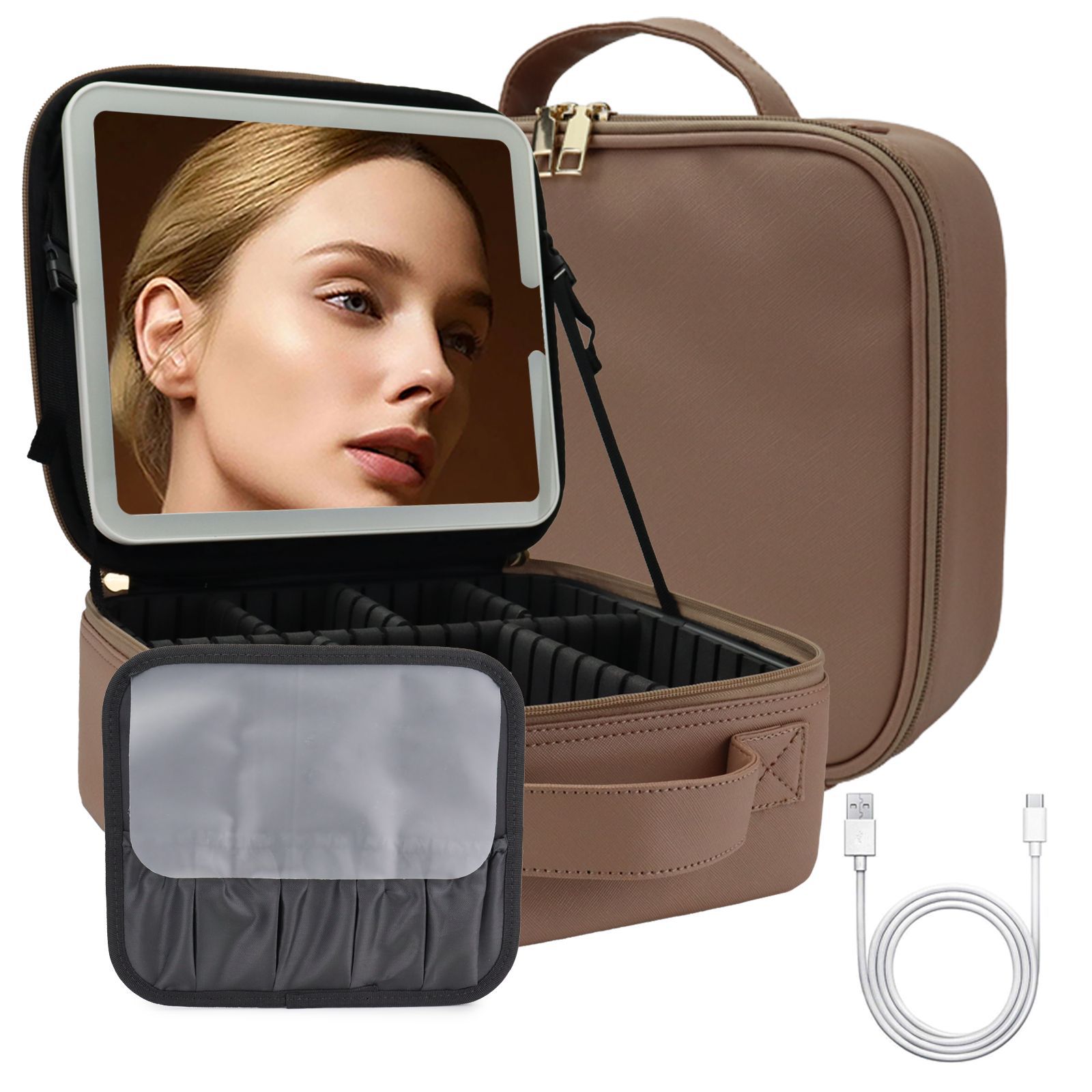 Bolsa de cosméticos de viaje LED premium con espejo para mujer caja de pinceles de maquillaje portátil de gran capacidad bolsa de belleza de partición portátil