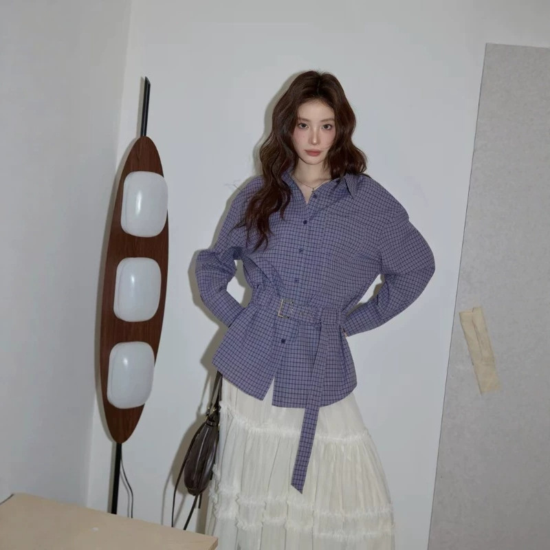 Chao Chao's Korean-style purple top for women, autumn sun-protective plaid shirt jacket, casual and elegant loose long-sleeve shirt