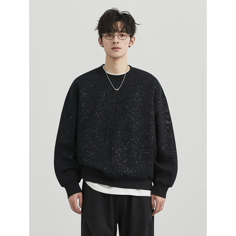 Корейская версия премиум-класса блестки с длинным рукавом с круглым вырезом футболка мужская весна и осень 2024 новый свободный пуловер футболка топ