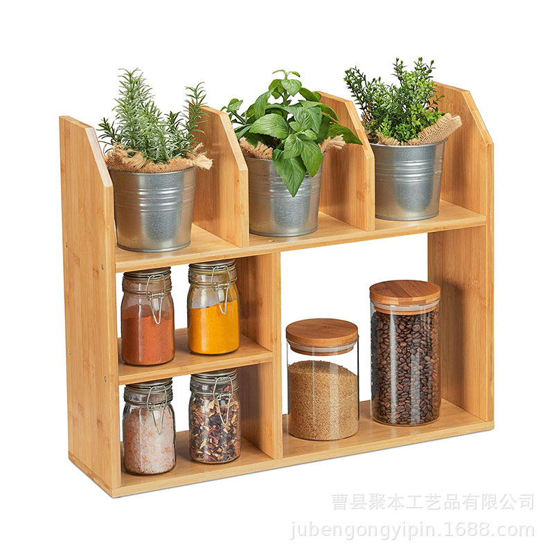 Wooden rack kitchen condiment storage rack bamboo wood desktop cosmetics debris storage rack three -layer finishing rack