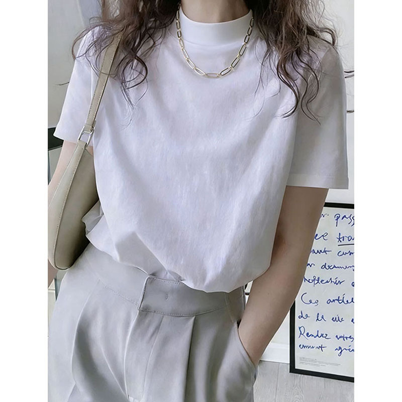 2026 New Style Half-High Collar, Regular Shoulder, Pure Cotton, Brushed Short-Sleeve T-Shirt for Women, Korean Fashion, Versatile, Stylish White Top