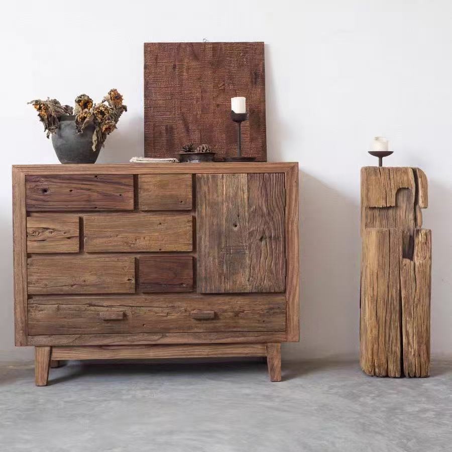 Wabi-Sabi Style Old Elm Sideboard Living Room Small Apartment Decorative Storage Cabinet Solid Wood Bedroom Bedside Table Entrance Cabinet