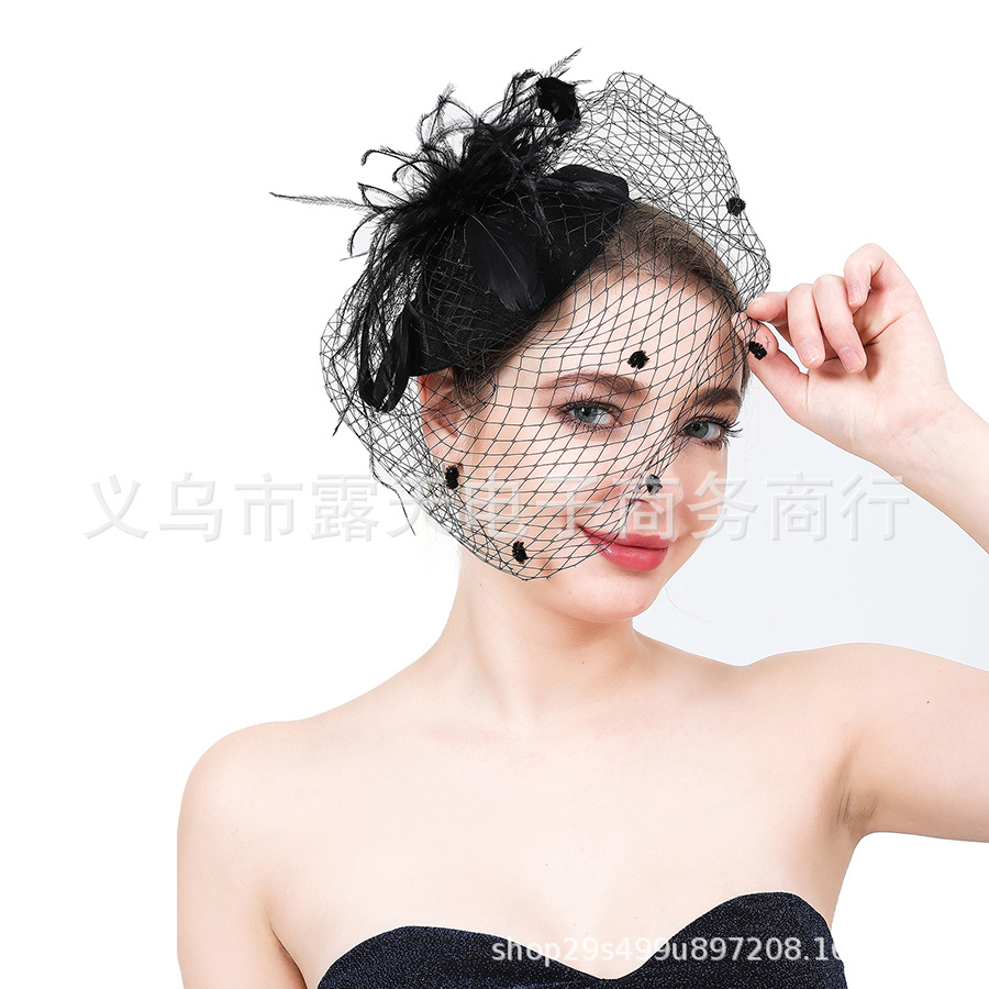 European and American Bridal Feather Headpiece Wedding Tulle Fashion Retro Cheongsam Small Hat Tea Party Horse Racing Festival Headband