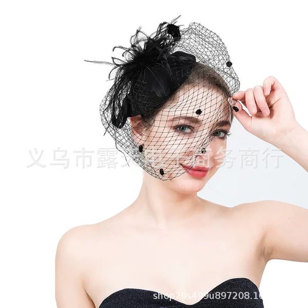 European and American Bridal Feather Headpiece Wedding Tulle Fashion Retro Cheongsam Small Hat Tea Party Horse Racing Festival Headband