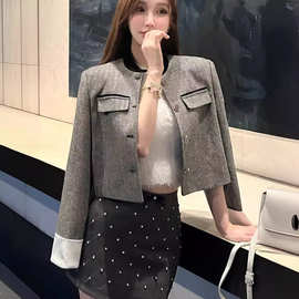 深圳南油高端原单小立领设计英伦人字纹羊毛款面料短款小外套女士
