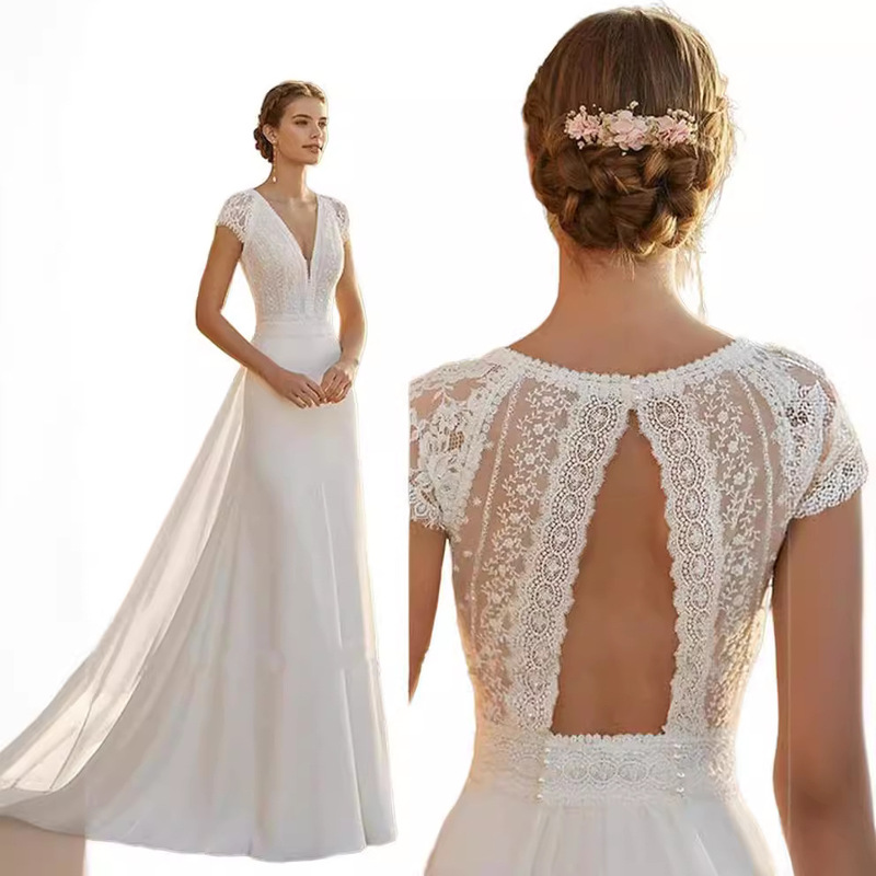 Short-Sleeved Wedding Dress Forest Style 2025 New Simple V Neck Slim Fishtail Style Travel Photography Small Tail Soft Gauze Slimming Look