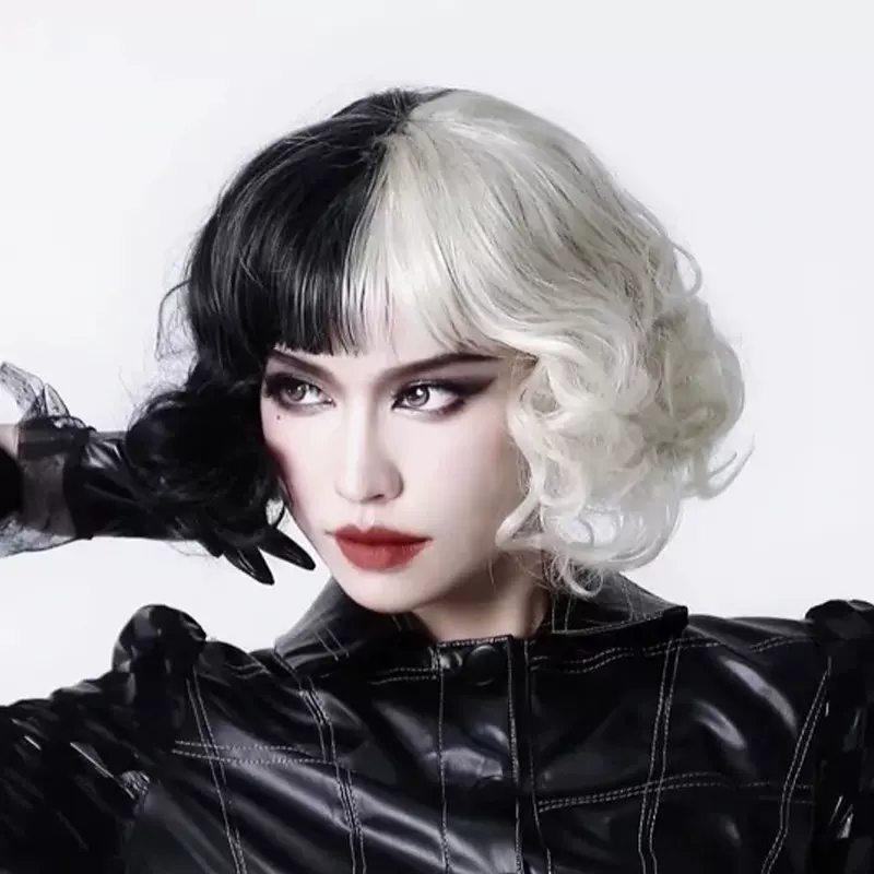 亚马逊黑白魔女库伊拉COS假发抖音带货欧美女短卷全头套厂家现货