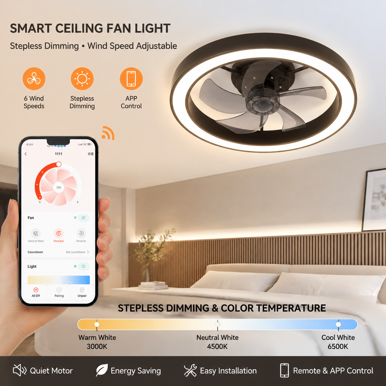 Lámpara de Techo con Ventilador de Hierro y ABS, Atenuación Continua y Control Remoto, para Dormitorio y Restaurante