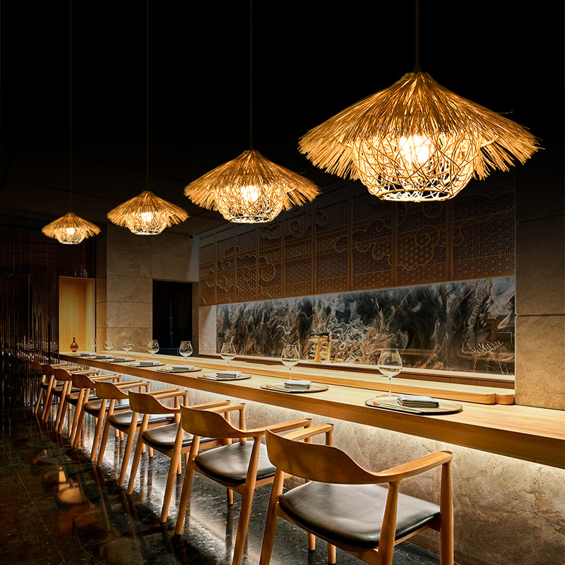 Sombrero de paja de ratán creativo, pantalla de lámpara, restaurante japonés retro, restaurante de olla caliente personalizado, arte de ratán, casa de familia, candelabro de bambú del sudeste asiático