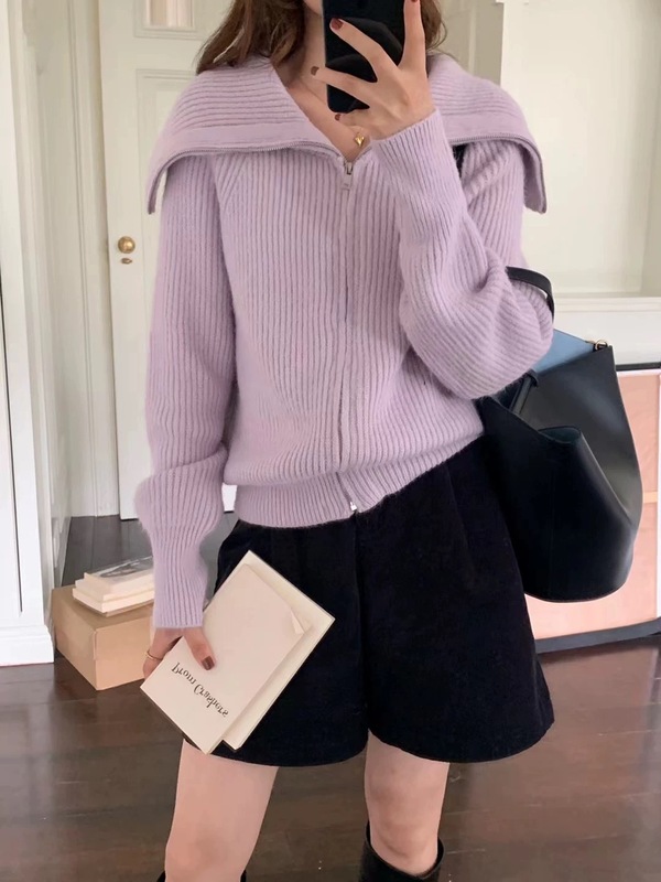 跨境欧美双拉链海军领毛衣女2025秋冬宽松慵懒风针织开衫外套上衣|undefined