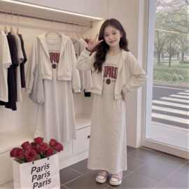 女童春款连帽外套女中大童儿童时尚宽松长款背心裙连衣裙两件套潮