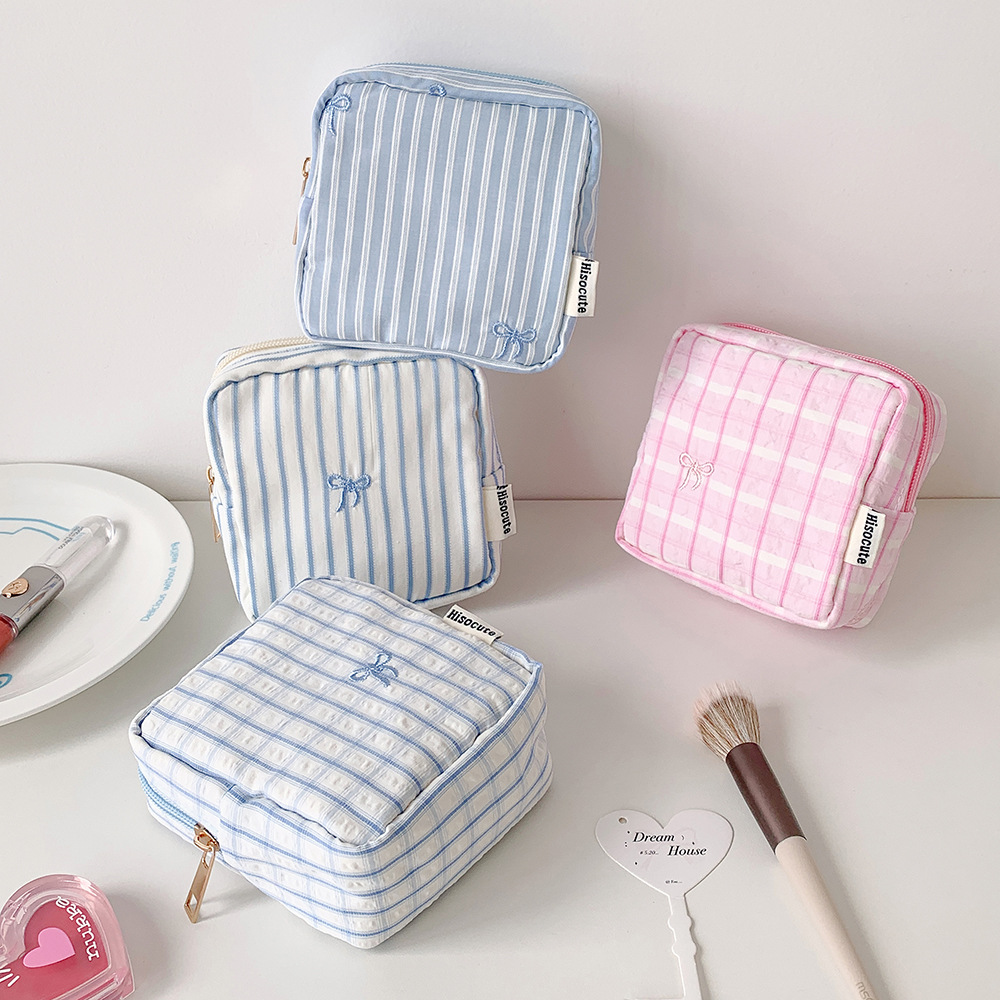 ins bow makeup bag, simple square makeup organizer bag, travel portable inner bag, sanitary napkin storage bag