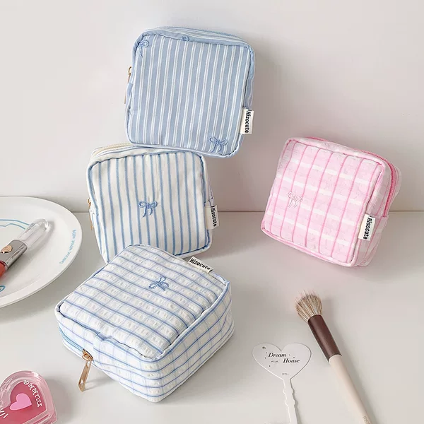 ins bow makeup bag, simple square makeup organizer bag, travel portable inner bag, sanitary napkin storage bag