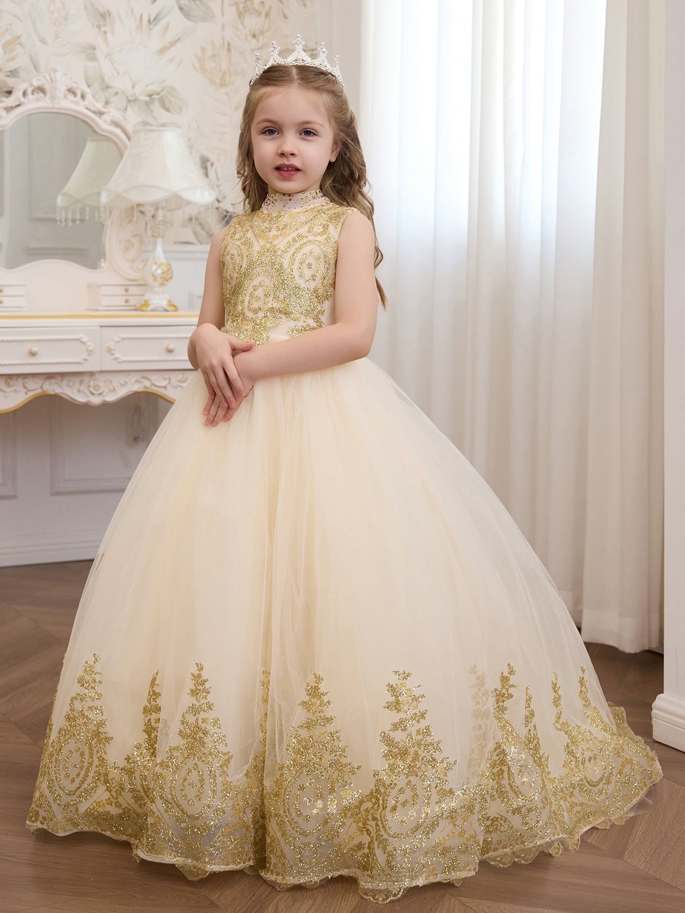 Vestidos de boda transfronterizos europeos y americanos para niñas, vestidos sin mangas para niñas, vestidos de presentación, vestidos de princesa con cola abullonada para niñas de las flores.