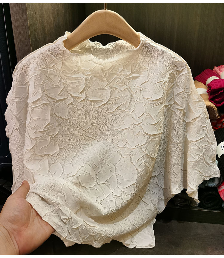 Áo thun dập nổi nữ tay dơi dáng rộng ngắn mùa hè — Màu đen, Màu cam, Màu xanh lam, Màu xanh navy chi tiết 3