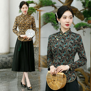 Middle-aged and elderly women's base shirt women's early autumn new mother buckle cheongsam collar western-style age-reducing Tang suit long-sleeved top
