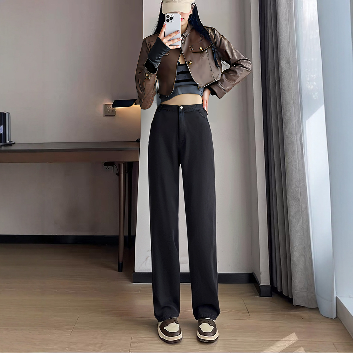 300斤胖妹妹mm酷帅牛仔裤女直筒宽松高腰水洗做旧阔腿裤大码长裤，女装牛仔裤，变形策服饰