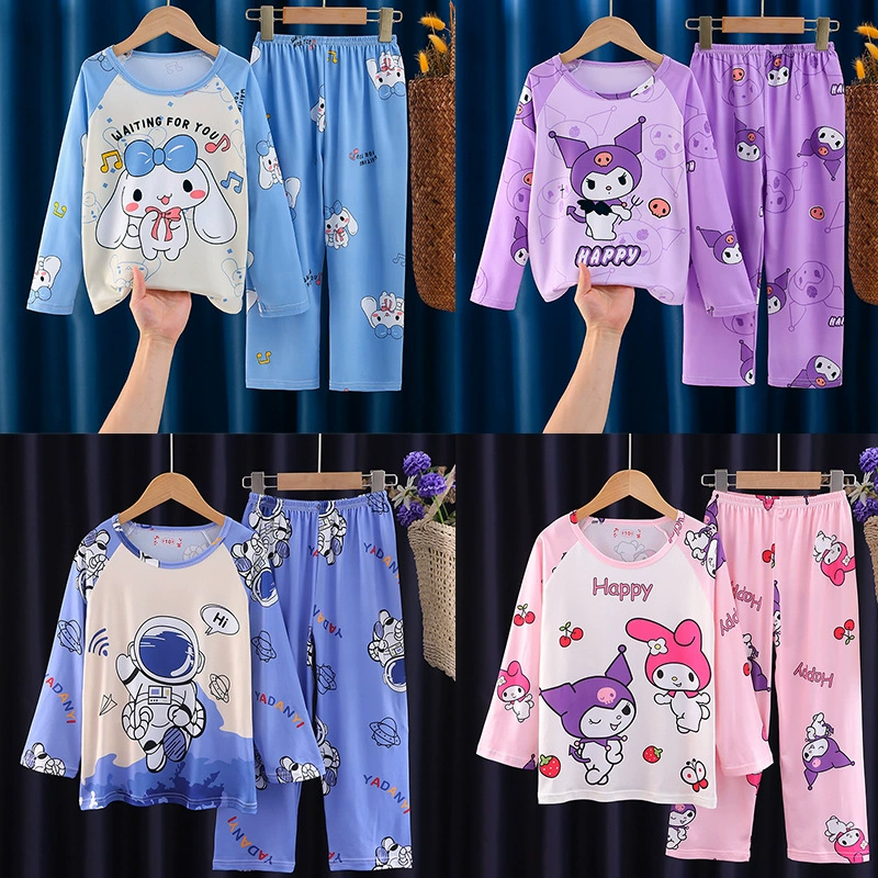 Цельная летняя одежда для мальчиков, домашняя одежда, детские брюки с длинными рукавами, летние девочки, пижамы для средних и больших детей, тонкий костюм