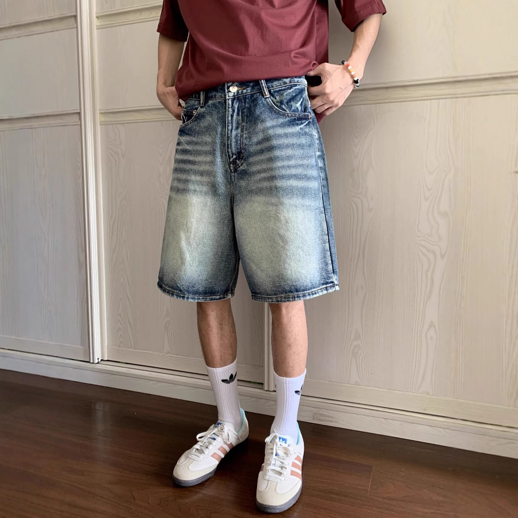 Unisex American Vintage Washed Distressed Denim Shorts, Casual Simple Loose Straight 5 Inch Street Trendy Classic Five Pocket Jeans Shorts For Men And_mkmklike.com