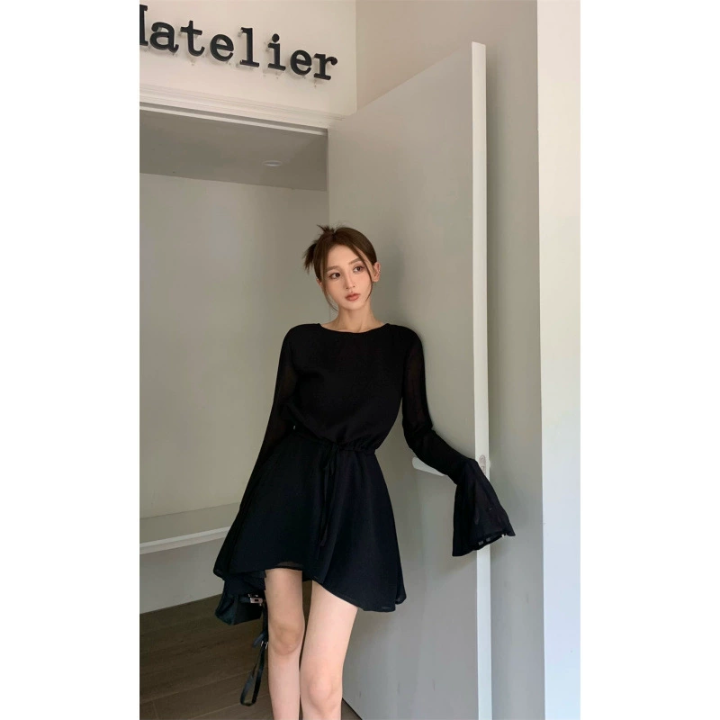 2025 женский черный сексуальный пояс без спинки с длинными рукавами тонкое платье для женской одежды