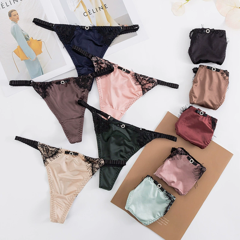 Ледяное шёлковое брифы Lace thong, без следов шва, T-образный стиль с низкой талией, One size