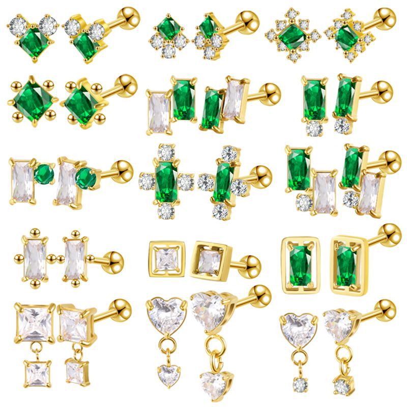 2022 New Emerald Diamond CZ Stainless Steel Earrings Fashion Ear Studs for Women Ear Bone Nail Titanium Steel Ear Pin detail image 20