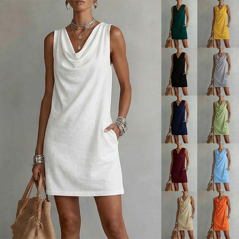 2026 New European and American Cross-Border Amazon Independent Site Slim-Fit Sleeveless Swing-Neck Dress