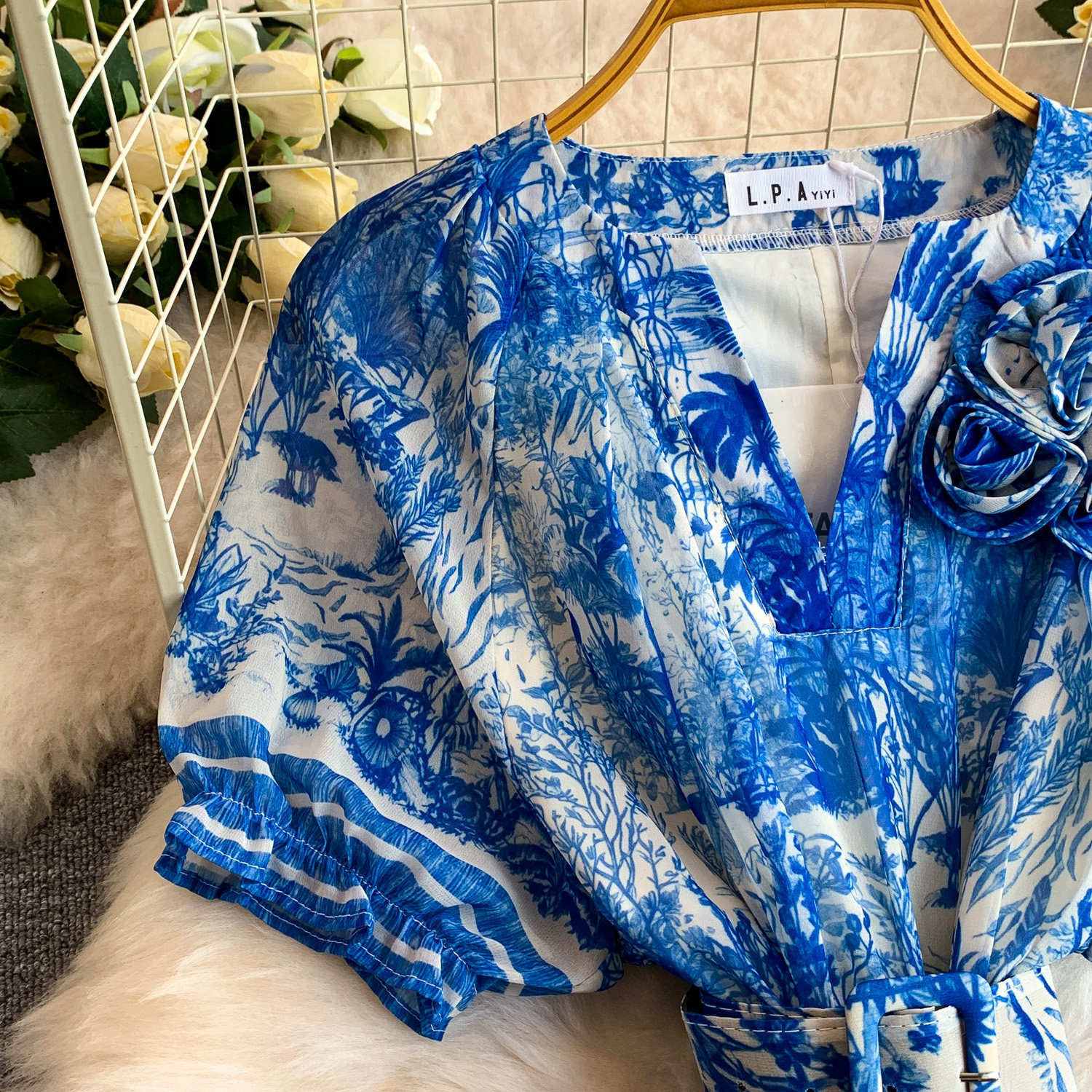 Women's Light French Romantic Style Tie Dye Floral Print Round Neck Dress Three Dimensional Flower Summer Slimming Pleated Long Skirt_ecoleips.com
