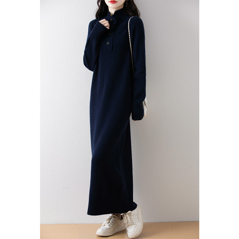 ウールワンピース レディース ロング丈 ゆったり カジュアル 体型カバー ニットワンピース 厚手 ハーフオープンカラー ボタン付き ロングワンピース