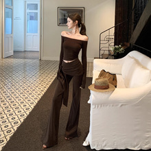 实拍 ！感一整套春秋季气质一字肩长袖上衣休闲长裤针织套装