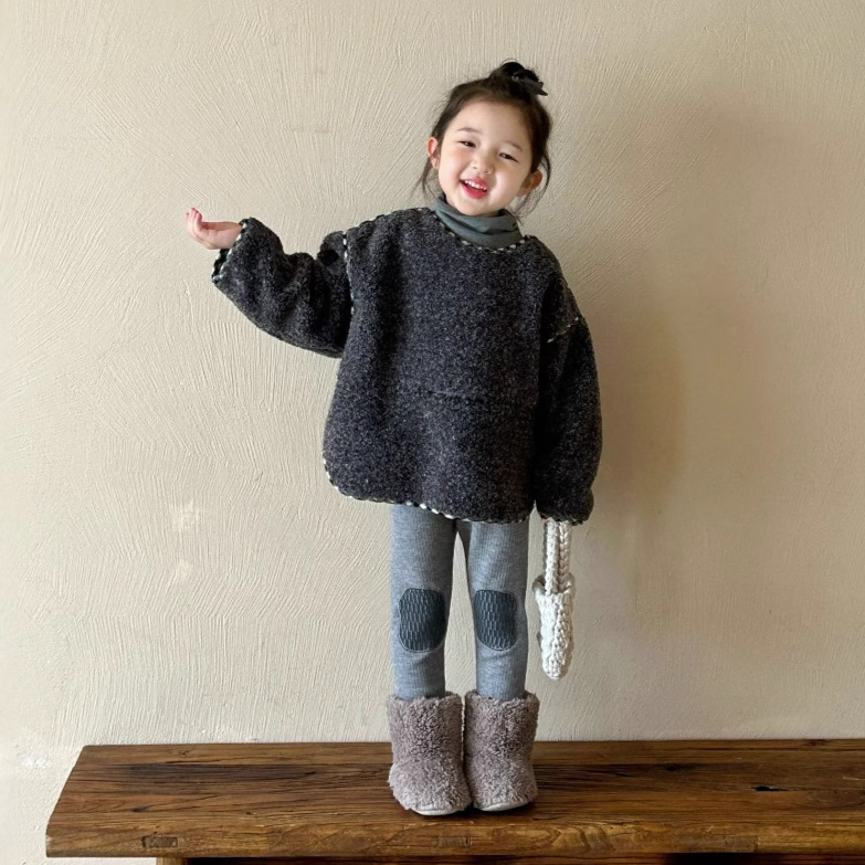2024冬季新品 韩版童装  女童套头毛毛衣外套 宝宝格子包边毛毛衣