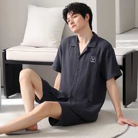 春夏新款纯棉纱布男士短袖短裤开衫翻领睡衣简约休闲男家居服