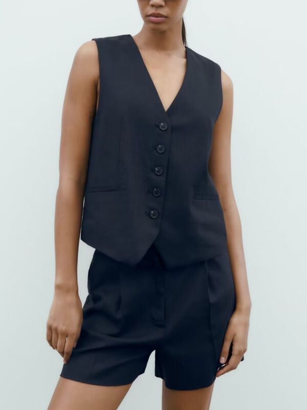 Amazon Wholesale 2023 Spring New Solid Color V Neck Slim Vest + Casual Shorts Two-Piece Suit