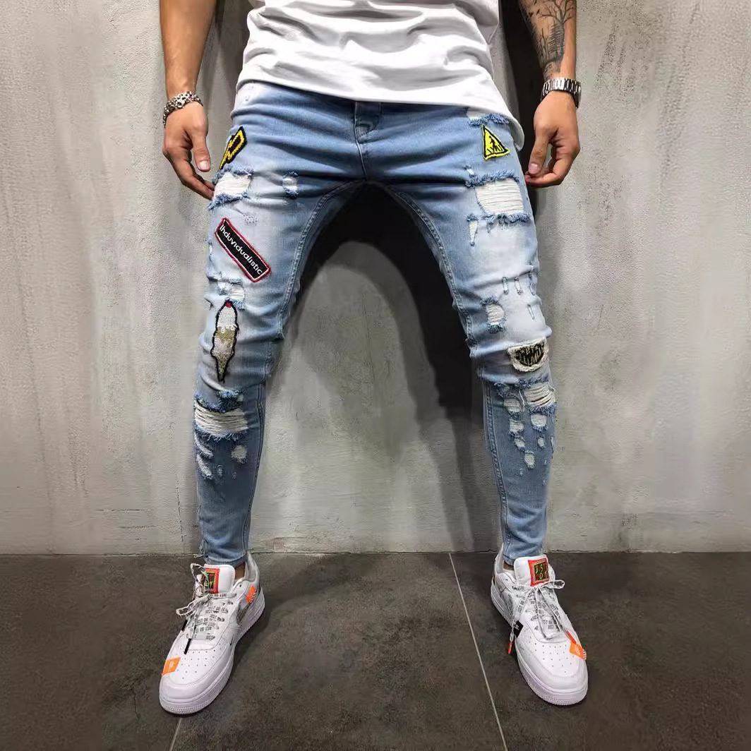 Men's Clothing hot men's hip hop high end tight fit ripped foot pants new men's badge slim fit jeans_voghion.com