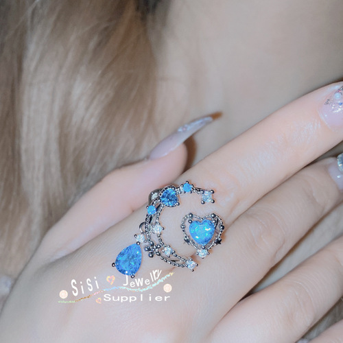SIsi's original high-end Japanese luna super fairy palace ring gold-plated inlaid with bright aquamarine zirconium niche ring