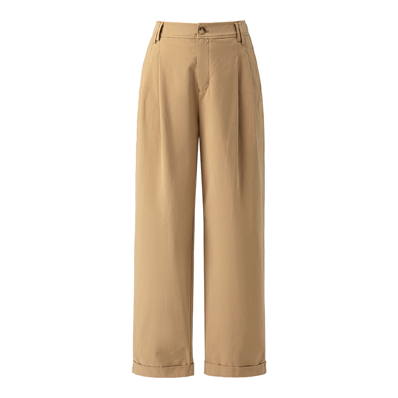 Quần ống rộng nữ vải Tencel cotton mỏng mùa xuân hè, dáng suông thon gọn ống thẳng — Màu kaki