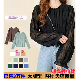 8 Colors in Stock, Large Version, Lined 2025 New Pleated Bell-Sleeved Chiffon Shirt, Loose and Versatile Long-Sleeved Top